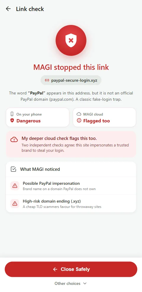 Parakh app: MAGI's verdict with the reasons it noticed and options to paste, load or scan