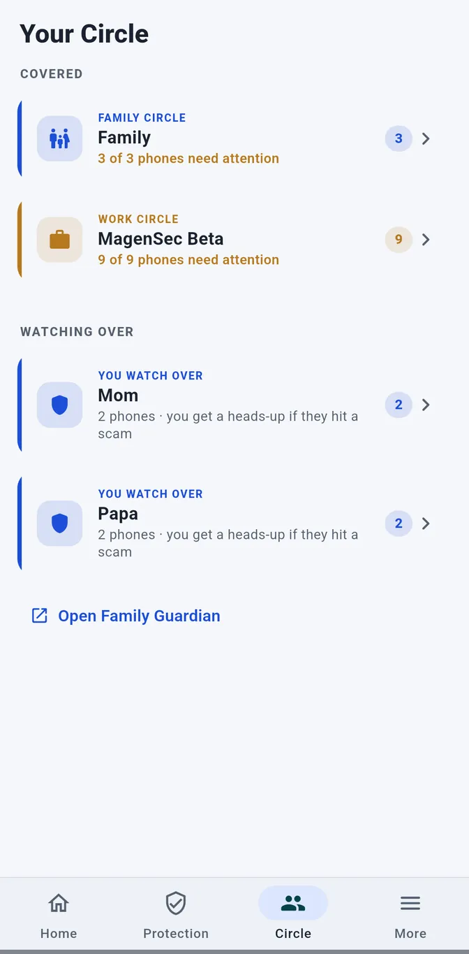 The Your Circle screen listing a family circle, a work circle and the people you watch over