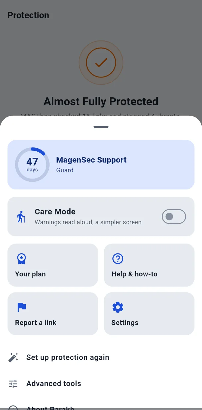 The More menu showing days left on your plan, Care Mode, Your plan, Help, Report a link and Settings