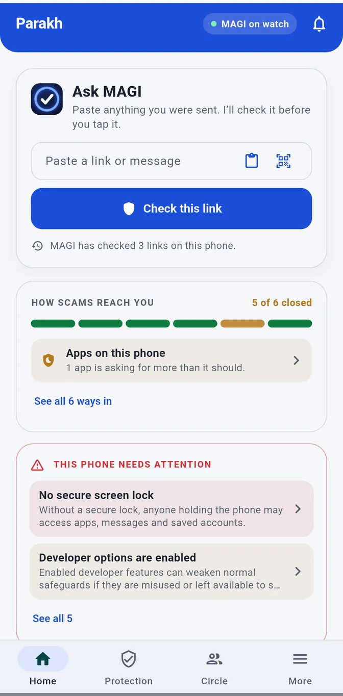 The Parakh app home screen — check a link, family guardian and protection at a glance