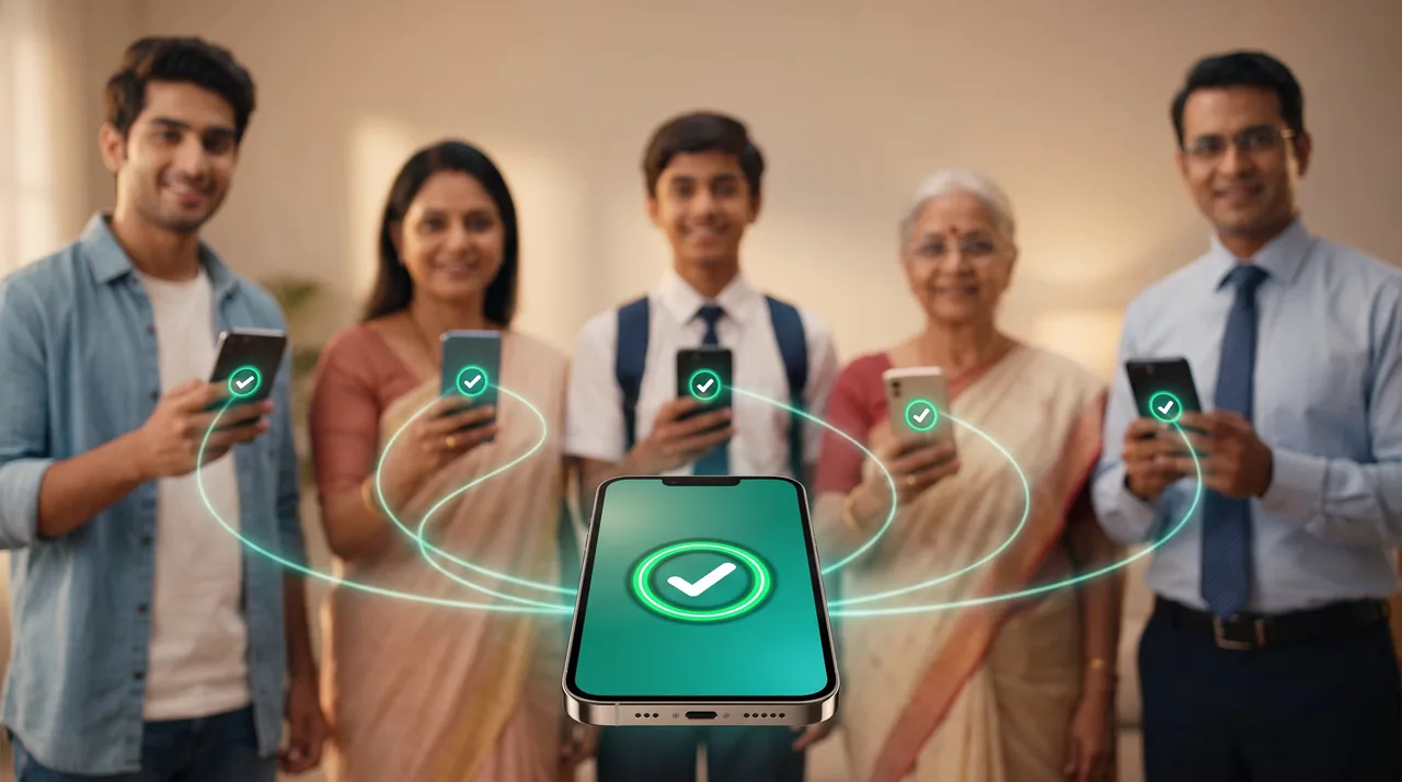 Five family members, from a teenager to a grandmother, each holding a phone protected by Parakh and connected in one Circle.