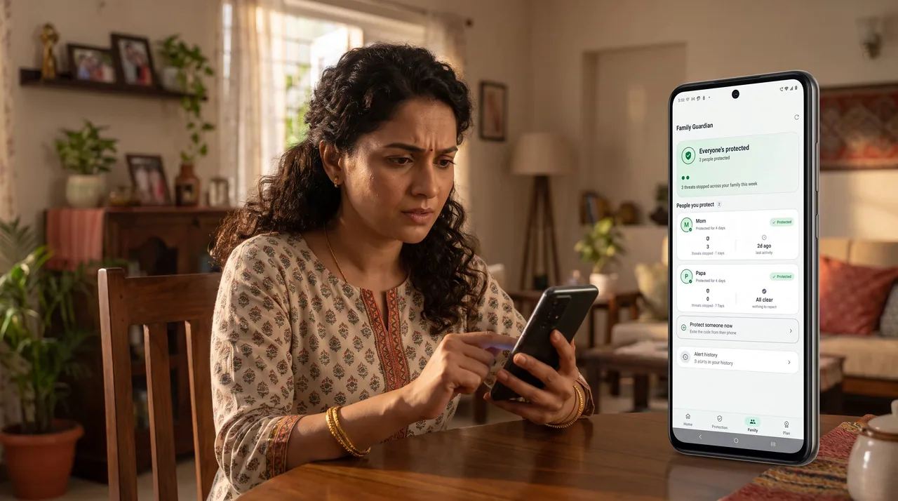 A woman checks a worrying message on her phone while the Family Guardian screen beside her shows two relatives protected.
