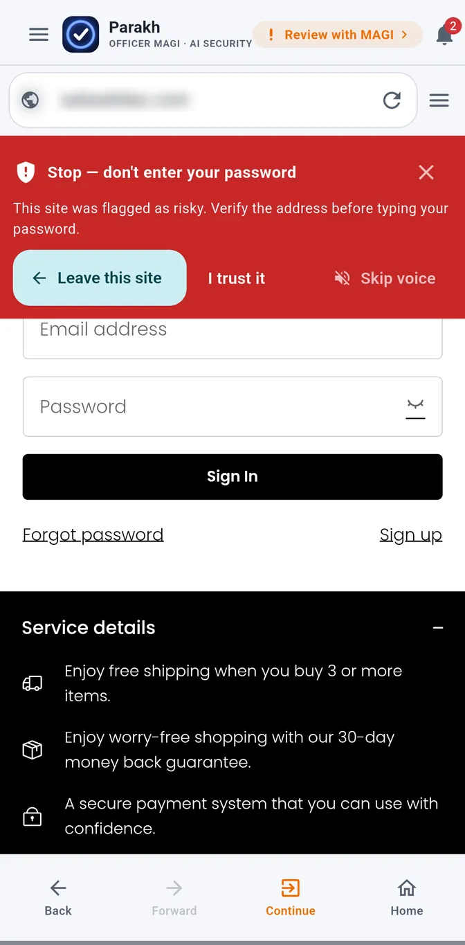 Parakh warning on the sign-in form: stop, don't enter your password