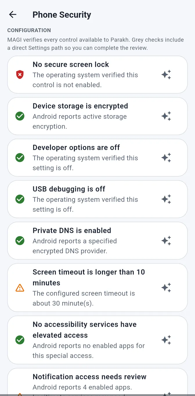 Parakh Phone Security screen listing settings to review, including a missing secure screen lock