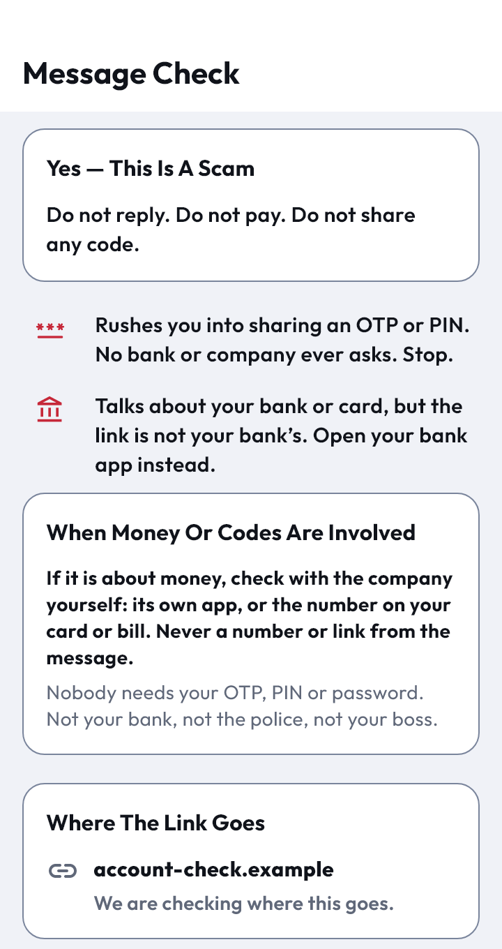 Parakh message check app preview explaining why a message asking for a one-time code deserves caution.